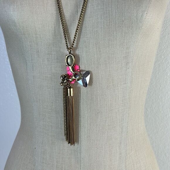 J Crew Gold Chain, Pink Flowers, Crystal Pendant - Picture 3 of 4